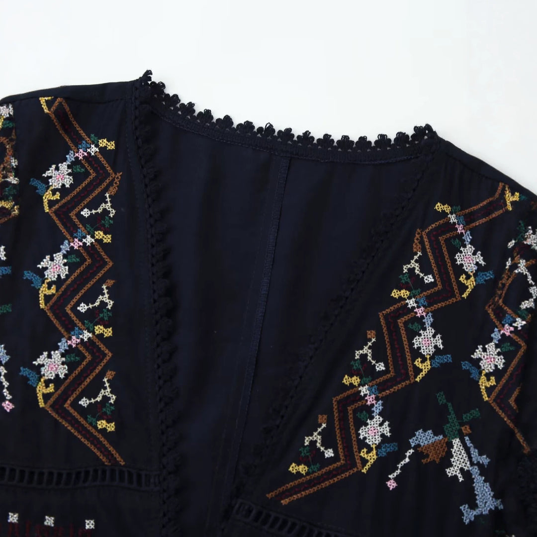 Damen Bestickte Boho-Kimono-Jacke mit Bindeband und Häkelbesatz Echo Archiv