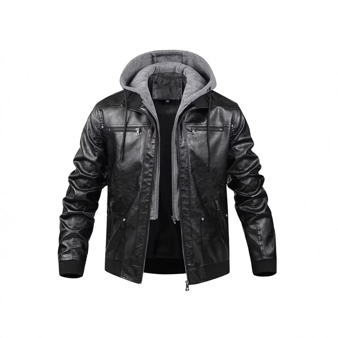 Herren Modische Kunstlederjacke mit abnehmbarer Kapuze Echo Archiv