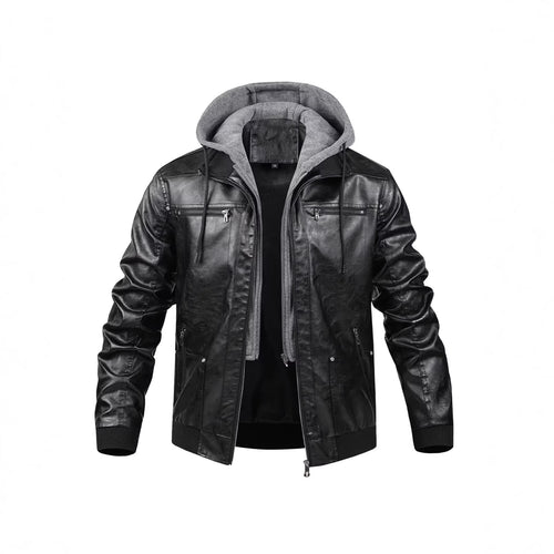 Herren Modische Kunstlederjacke mit abnehmbarer Kapuze Echo Archiv
