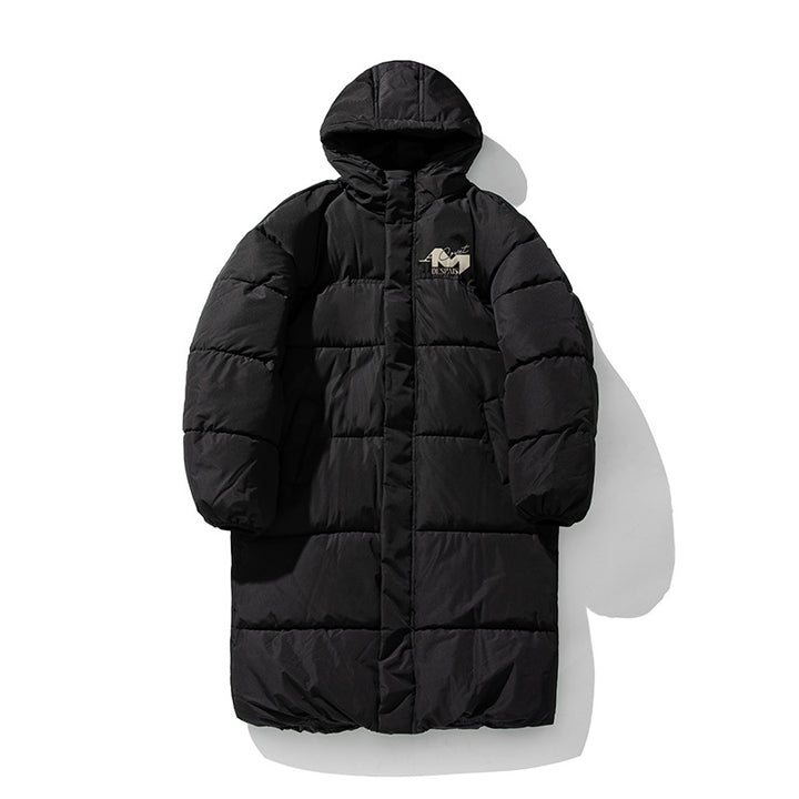 Unisex Langer Steppmantel im Minimal-Design mit Kapuze, Thermofüllung und Tunnelzugsaum Echo Archiv