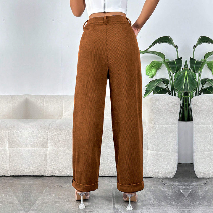 Damen hochgeschnittene Cordhose mit weitem Bein, Bundfalten und umgeschlagenem Saum – Avélisse