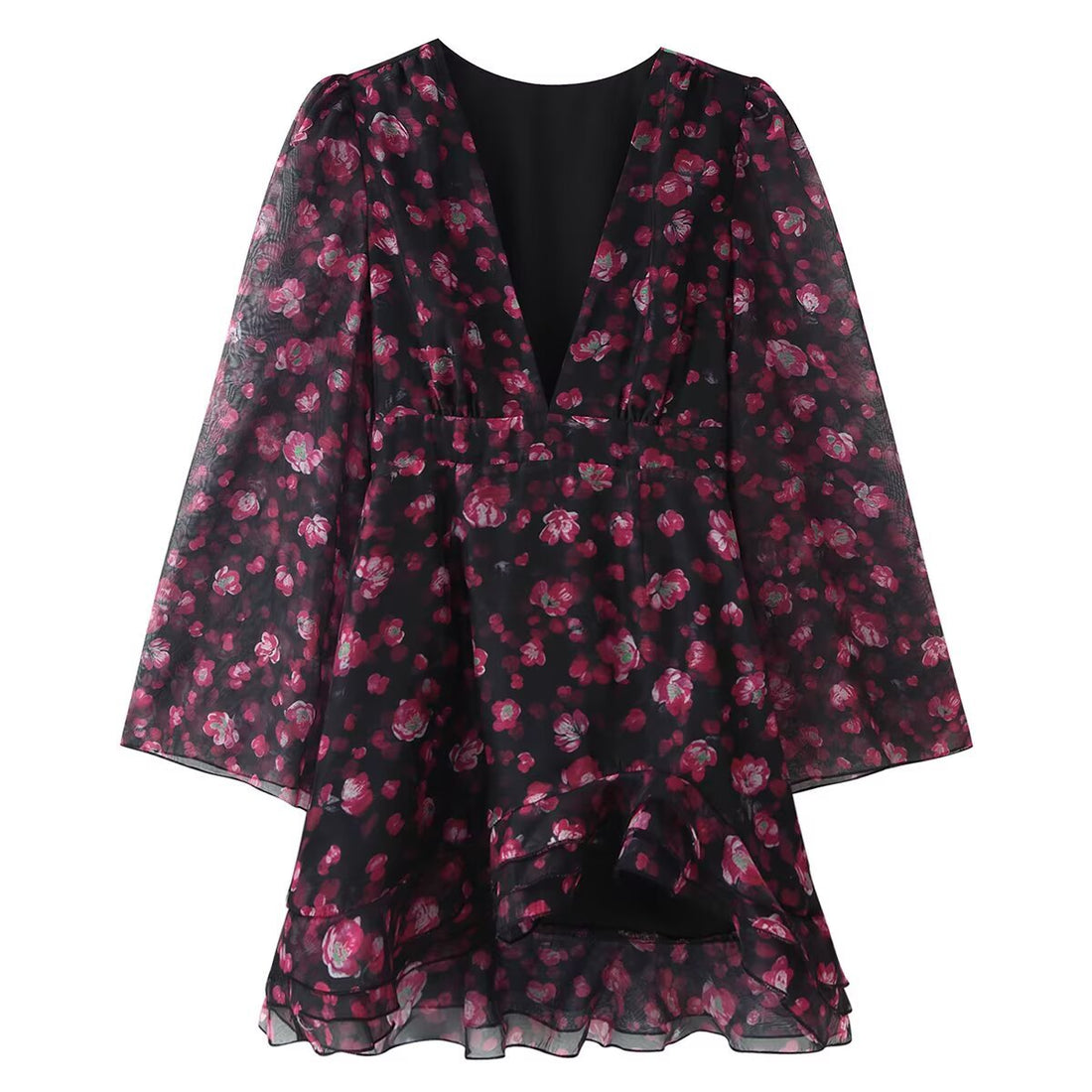 Damen Florales Chiffon-Minikleid mit tiefem V-Ausschnitt, Glockenärmeln und Stufenvolant Echo Archiv