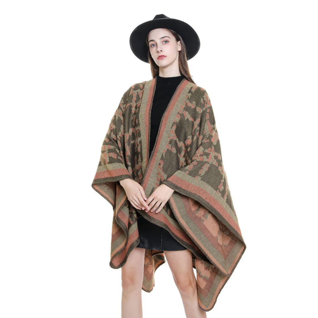 Damen Wollmix-Umhang mit jacquardgewebtem Aquarelldruck und offener Kimono-Silhouette – Montévia