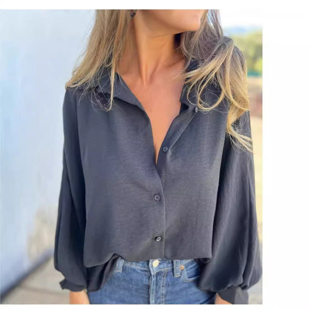 Damen Locker geschnittene Viskose-Hemdbluse mit Oversize-Schnitt und Ballonärmeln Echoarchiv