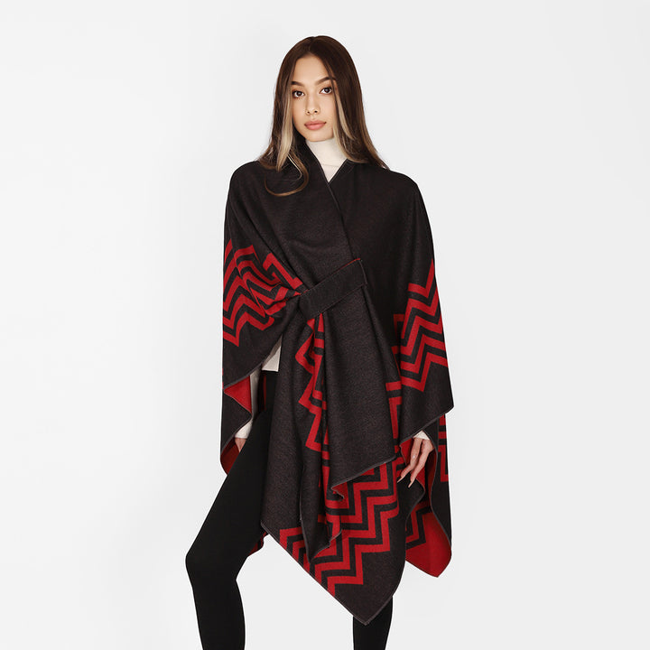 Damen Oversize Rechteck-Cape mit Jacquard-Zickzackmuster und Bindegürtel – Avérine