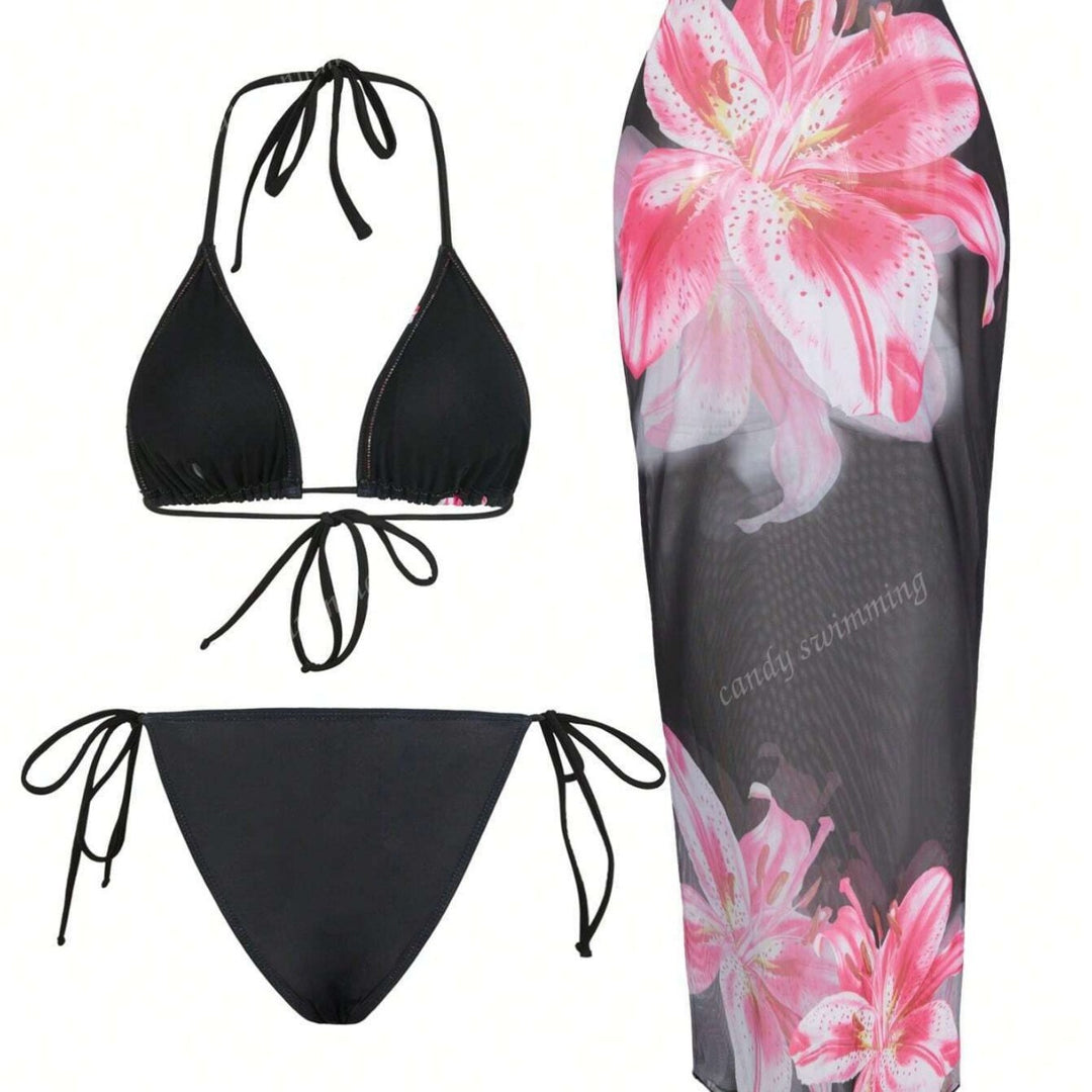 Damen Triangel-Bikini-Set mit floralen Mustern und transparentem Maxirock Echo Archiv