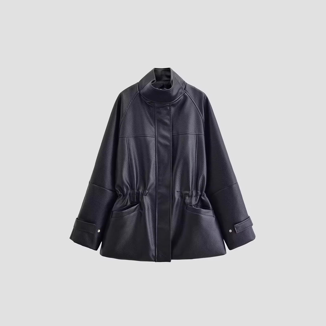Damen Oversized Jacke in Lederoptik mit Stehkragen und Taillenkordel Echo Archiv