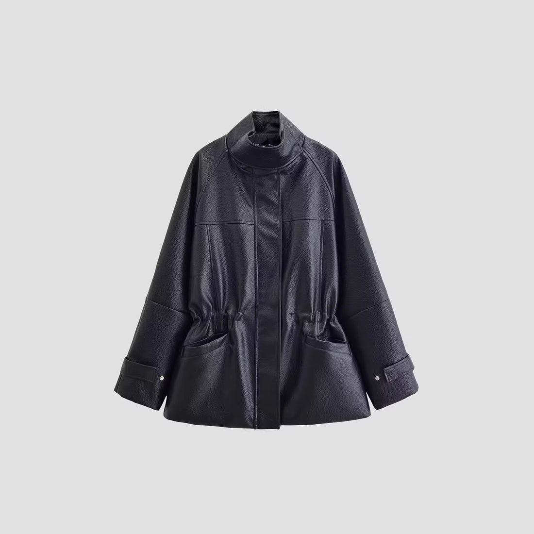 Damen Oversize-Kunstlederjacke mit Stehkragen, Taillen-Tunnelzug und aufgesetzten Taschen Echo Archiv
