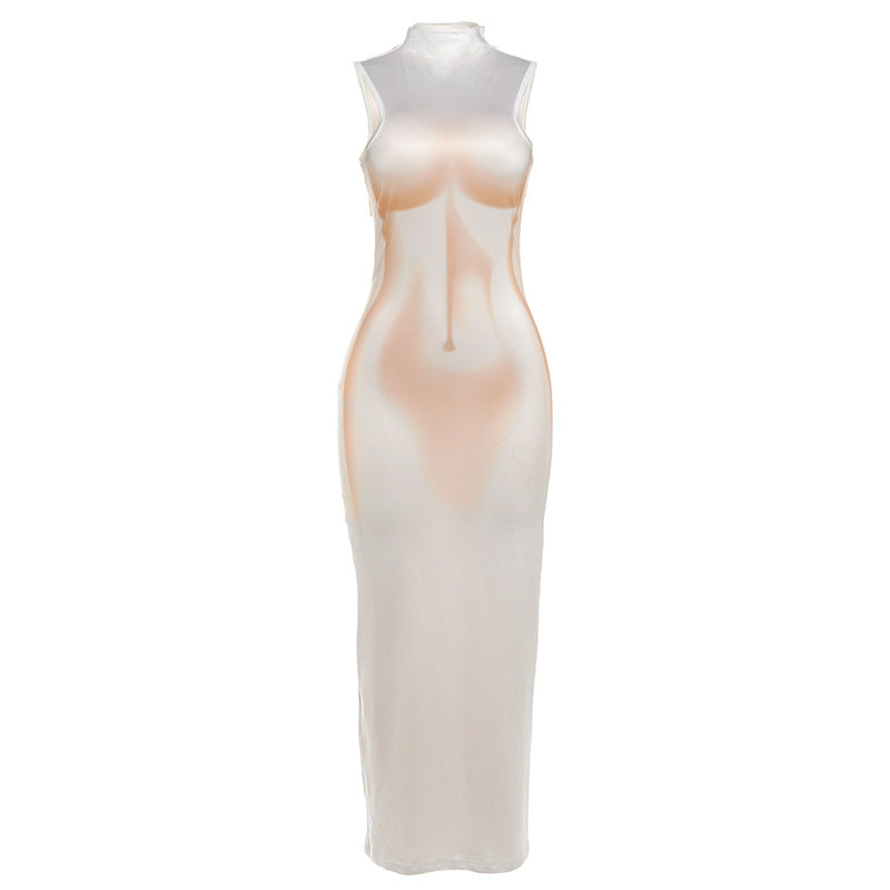 Damen Elegantes, figurbetontes Abendkleid mit hohem Kragen und transparentem Stoff Echo Archiv