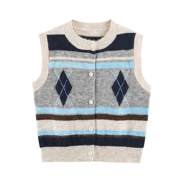 Damen Ärmellose Argyle-Strickweste mit durchgehender Knopfleiste und geripptem Saum Echoarchiv