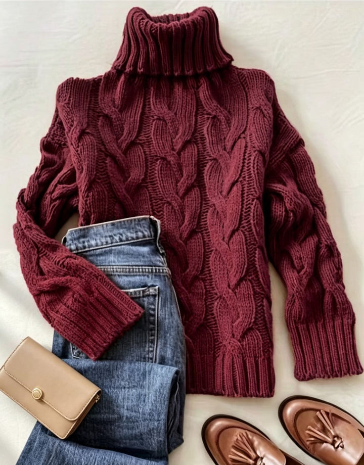 Damen Grobstrick-Rollkragenpullover mit markanten Zopfmustern und gerippten Bündchen – Mavelle