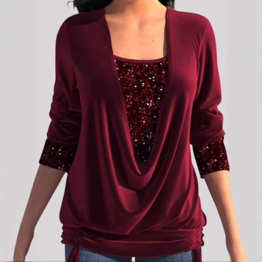 Damen Modischer Drape-Pullover mit Glitzerakzenten – Mavelle