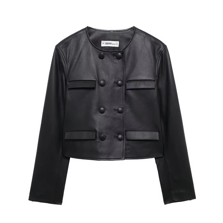 Damen nan kurz geschnittene Double‑Breasted Lederimitat Jacke mit Pattentaschen Echo Archiv