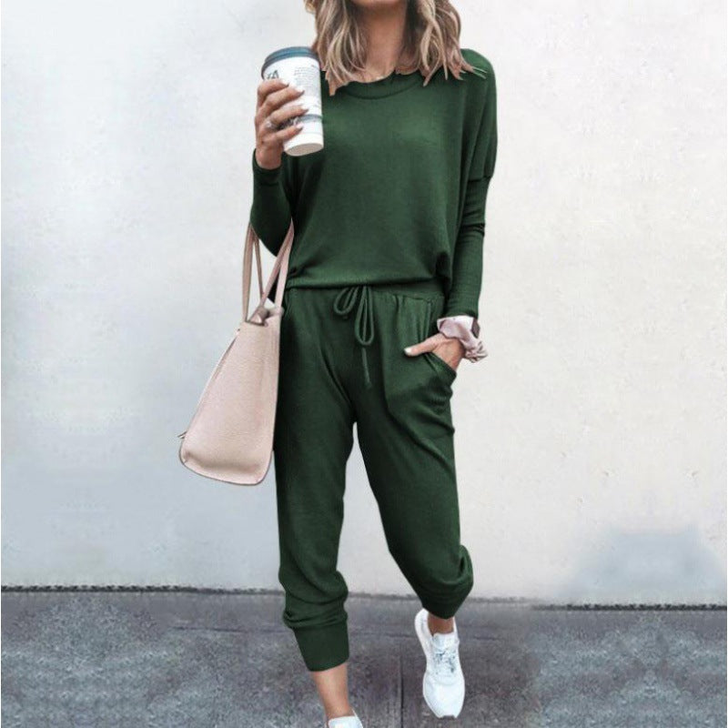 Damen Lässiges Lounge-Set mit Rundhalsausschnitt, Kordelzug-Hose und Bündchen – Élanora