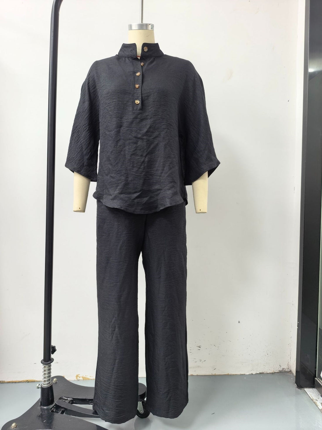Damen Lockeres Leinenoptik-Zweiteiler mit Stehkragenbluse und weitem Palazzo-Hose – Élanora
