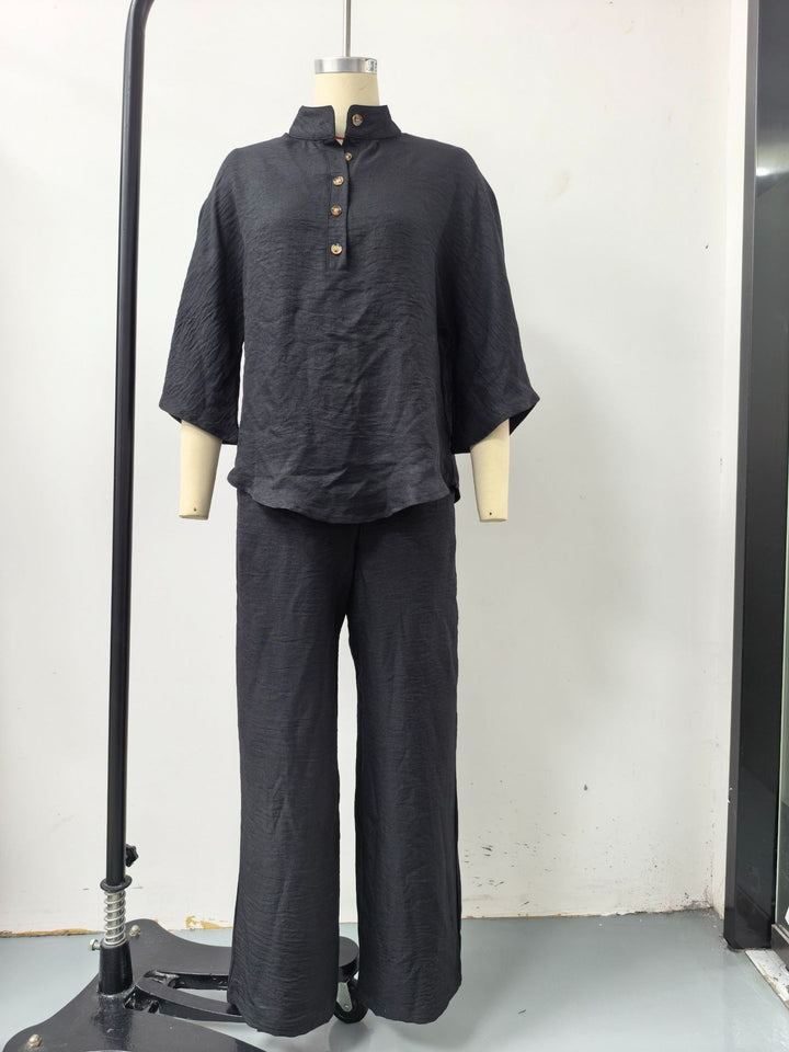Damen Lockeres Leinenoptik-Zweiteiler mit Stehkragenbluse und weitem Palazzo-Hose – Élanora
