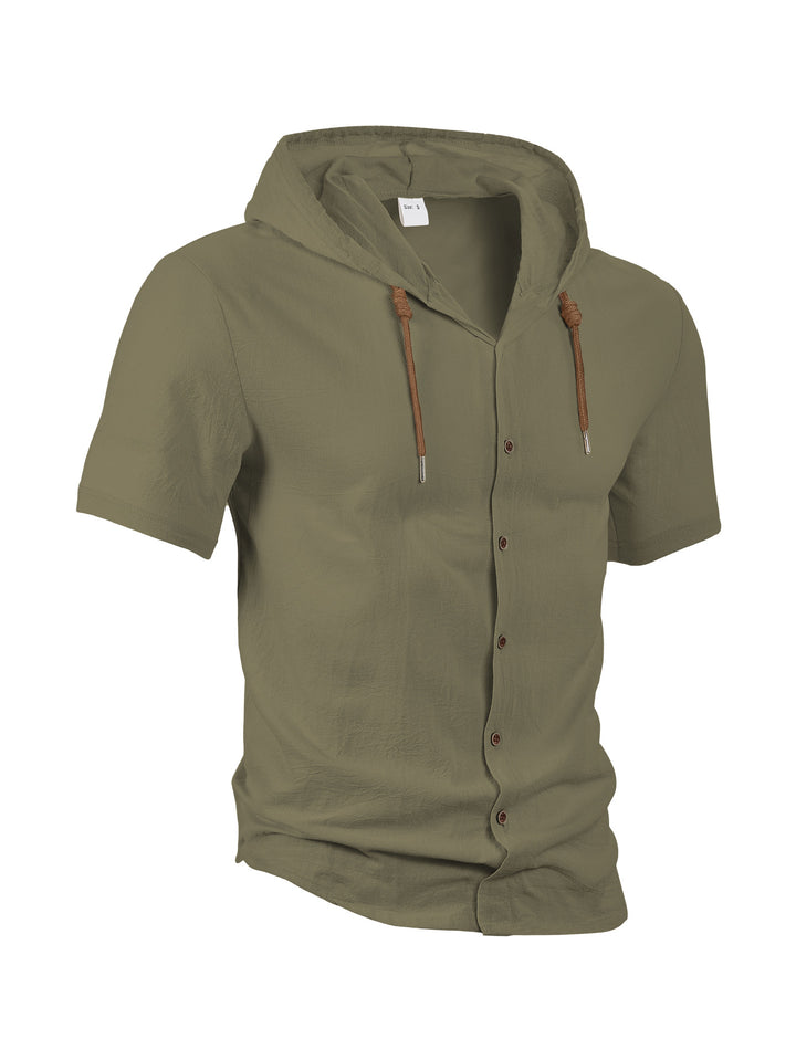 Herren nan tailliertes Kurzarm-Kapuzenshirt in Struktur-Leinenoptik mit Holzoptikknöpfen und Kordel Echo Archiv