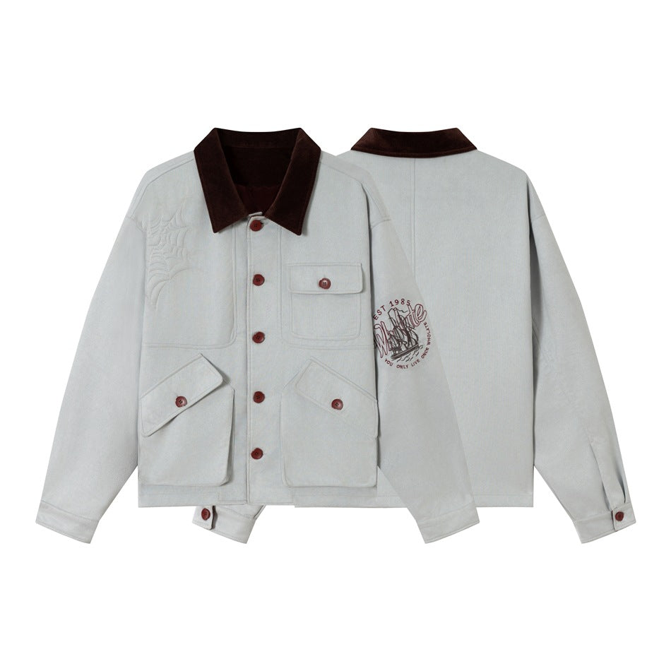 Unisex Boxy‑Blousonjacke aus Baumwollvelours mit Cordkragen, aufgeprägten Stickdetails und Pattentaschen Echoarchiv