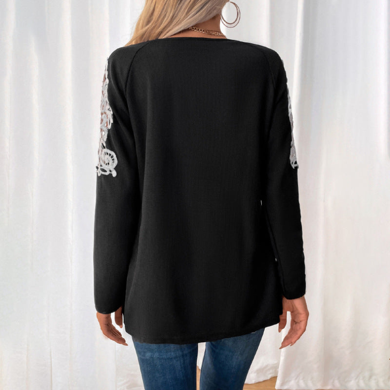 Damen Lässiges Longsleeve-Tunika-Shirt mit V‑Reißverschluss und Spitzenapplikation Echoarchiv
