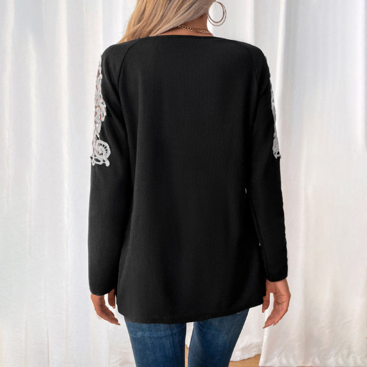 Damen Lässiges Longsleeve-Tunika-Shirt mit V‑Reißverschluss und Spitzenapplikation Echoarchiv