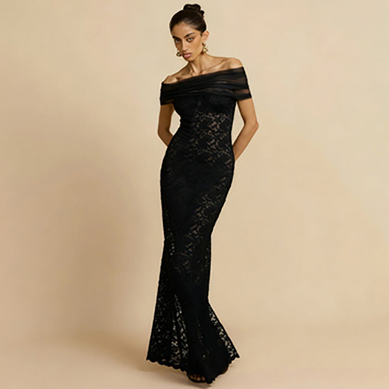 Damen Elegantes Spitzenabendkleid mit schulterfreiem Design und raffiniertem Schlitz Echo Archiv