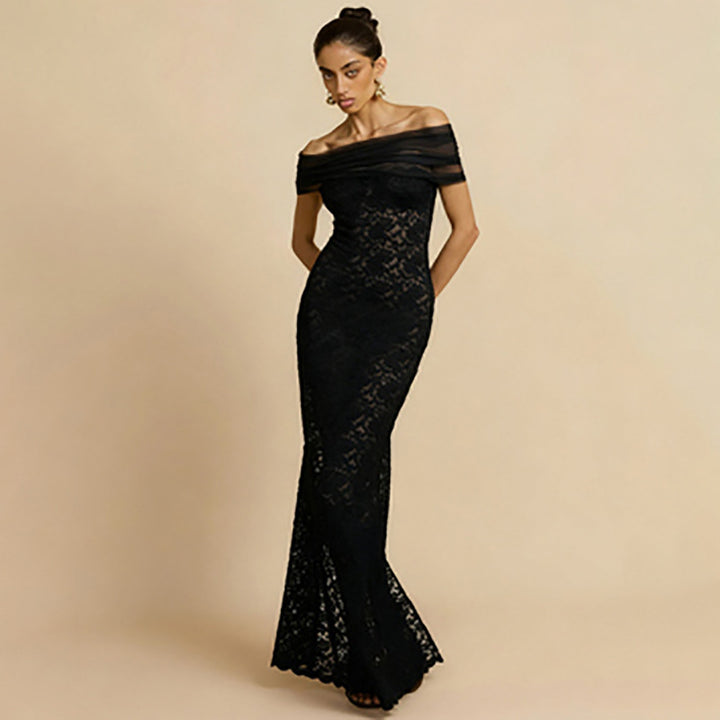 Damen Elegantes Spitzenabendkleid mit schulterfreiem Design und raffiniertem Schlitz Echo Archiv