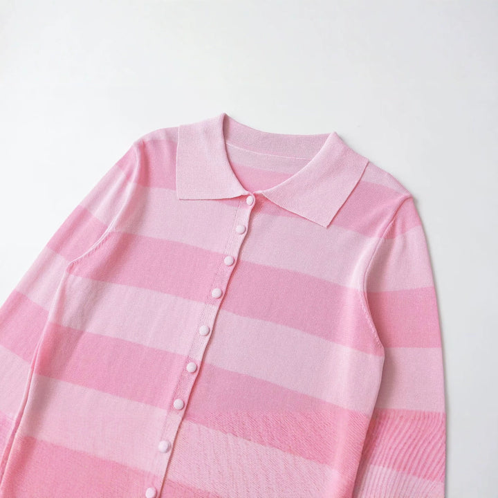 Damen Leichte gestreifte Strickjacke mit Polokragen und Knopfleiste Echo Archiv