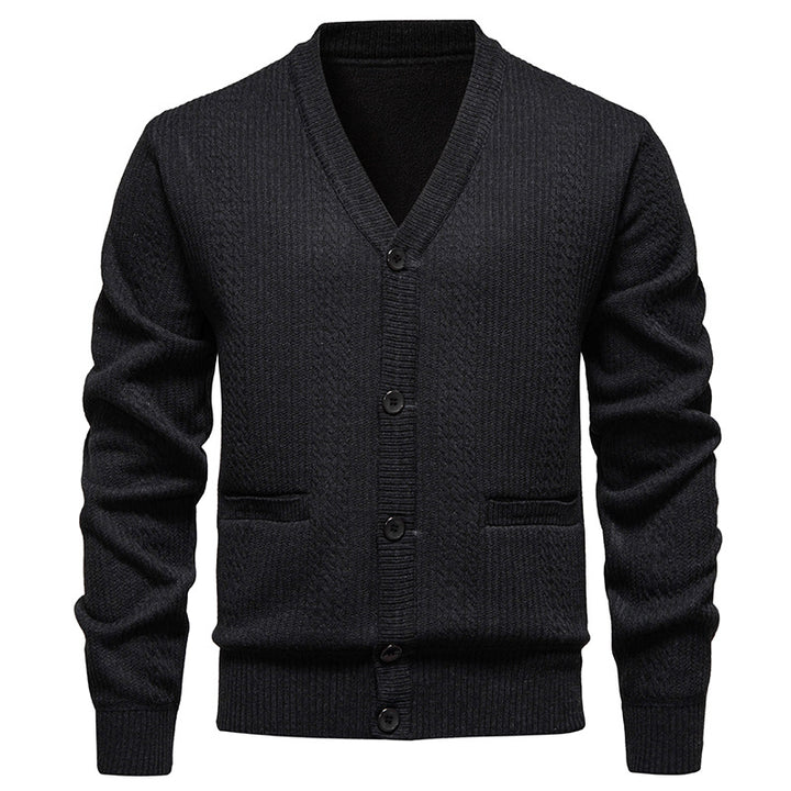 Herren Texturierter V-Ausschnitt Strickcardigan mit Knopfleiste und Eingrifftaschen Echo Archiv