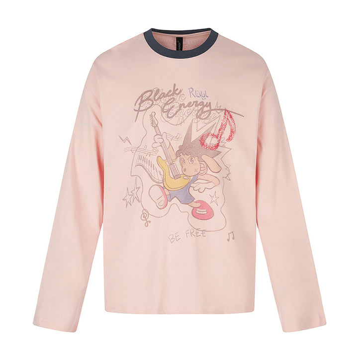 Damen Langarmshirt mit Comic-Gitarrenprint, Glitzerdetail und Kontrastkragen Echoarchiv