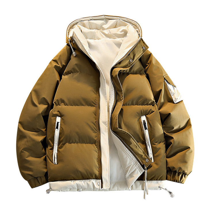 Men's oversized insulated hooded puffer jacket with contrast lining and drawcord hem – Cavarno