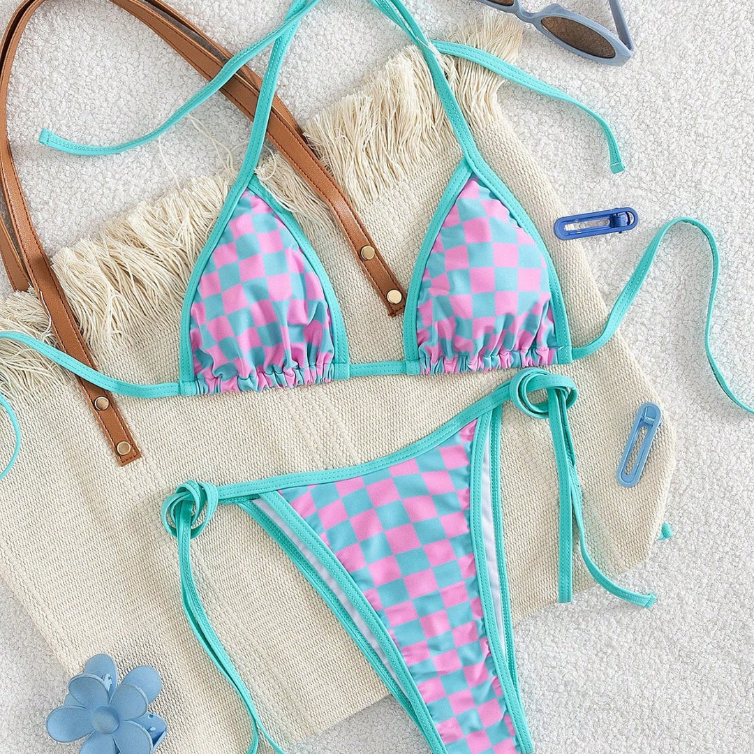 Damen Triangel-Bikini mit Karomuster und raffinierten Bindebändern Echo Archiv