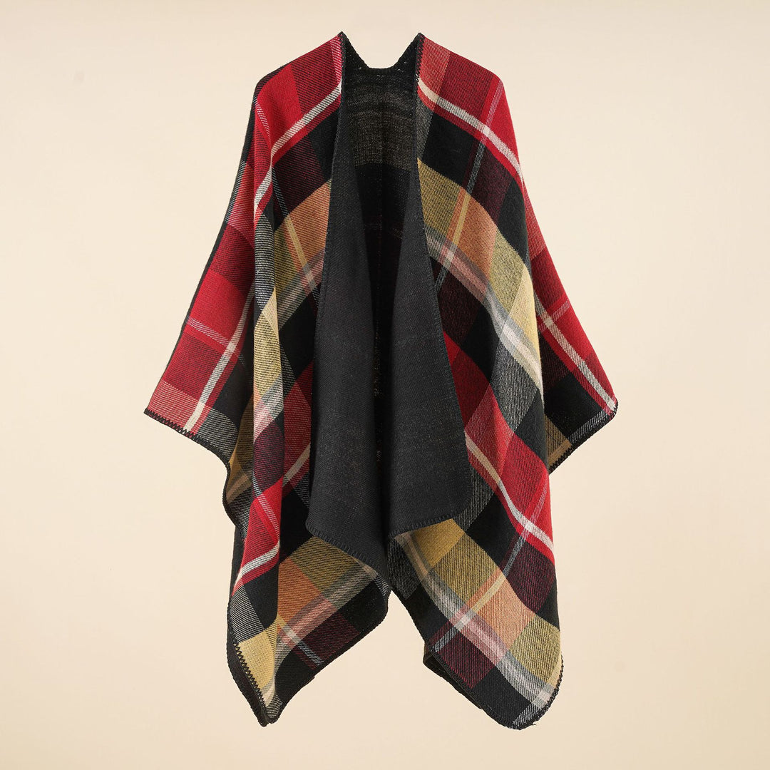 Damen Oversize-Rechteckponcho im Cape-Look mit Kettelsaum und Karomuster Echo Archiv