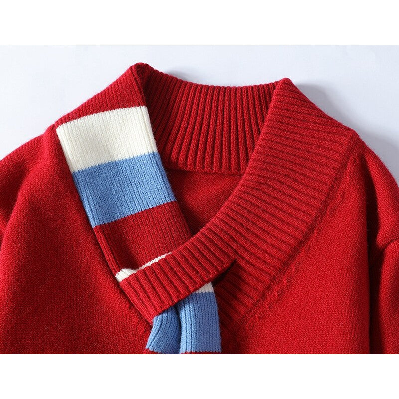 Herren V-Ausschnitt Strickpullover mit integriertem Kontraststreifen-Schal und gerippten Bündchen Echo Archiv