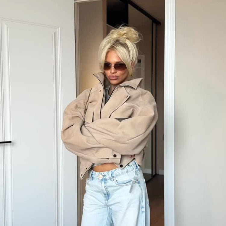 Damen Oversize Wildlederoptik Jacke mit Pattentaschen und Stehkragen Echoarchiv