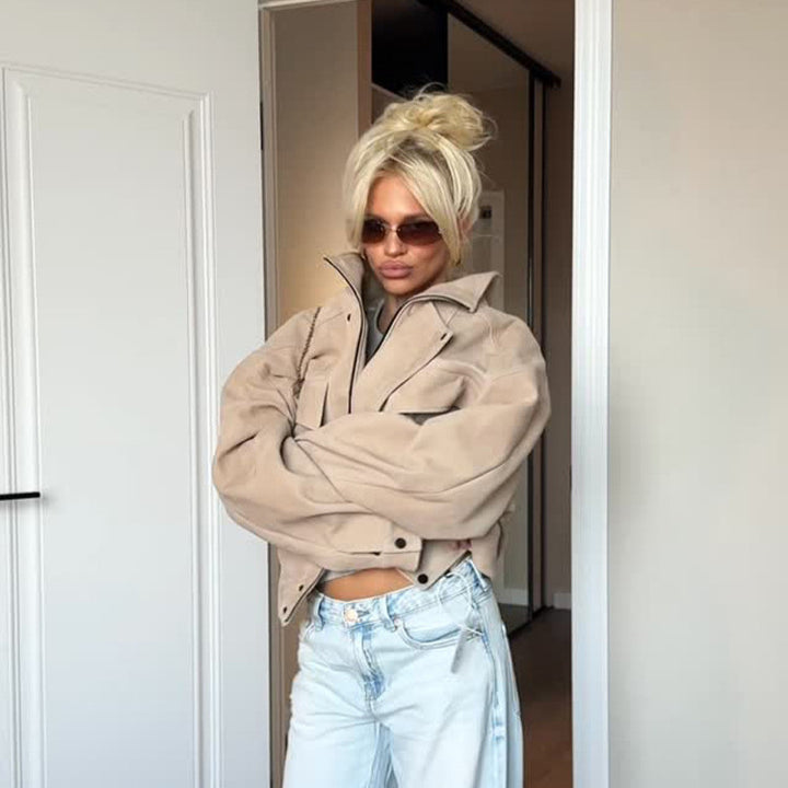 Damen Oversize Wildlederoptik Jacke mit Pattentaschen und Stehkragen Echoarchiv