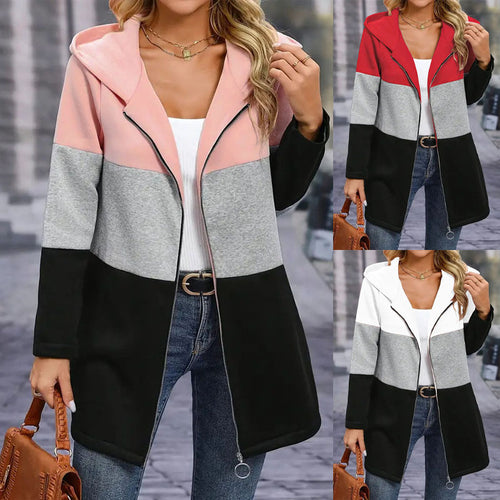 Damen Kapuzen-Farbblock-Mantel mit durchgehendem Reißverschluss, oversized Schnitt und mittellanger Silhouette – Célinea