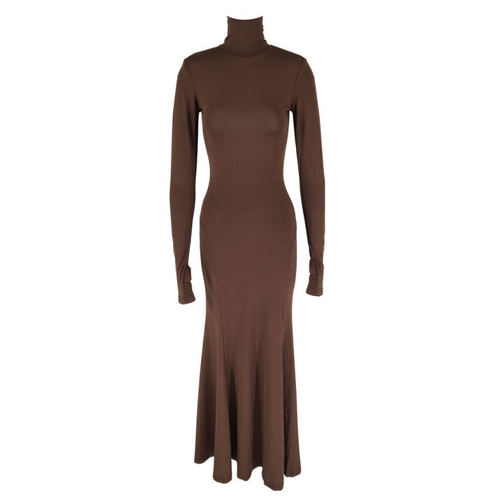 Damen figurbetontes Maxikleid mit hohem Kragen und langen Ärmeln Echo Archiv