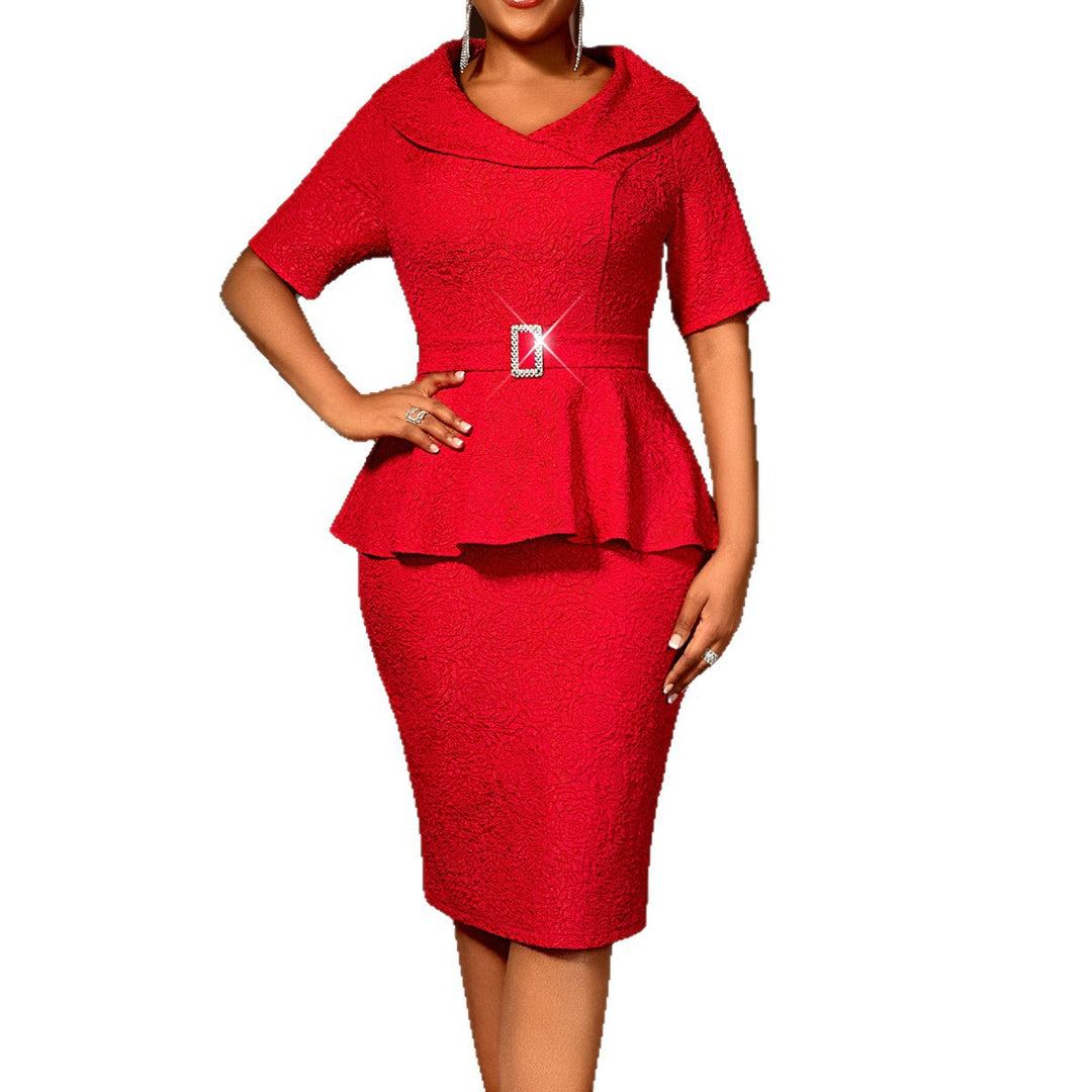 Damen Elegantes Peplum-Kleid mit schickem Kragen und glitzerndem Gürteldetail Echo Archiv