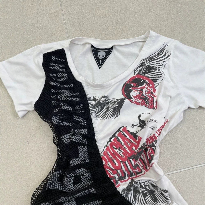 Damen lässiges T-Shirt mit einzigartigem Grafikdesign und sportlichem Mesh-Einsatz Echo Archiv