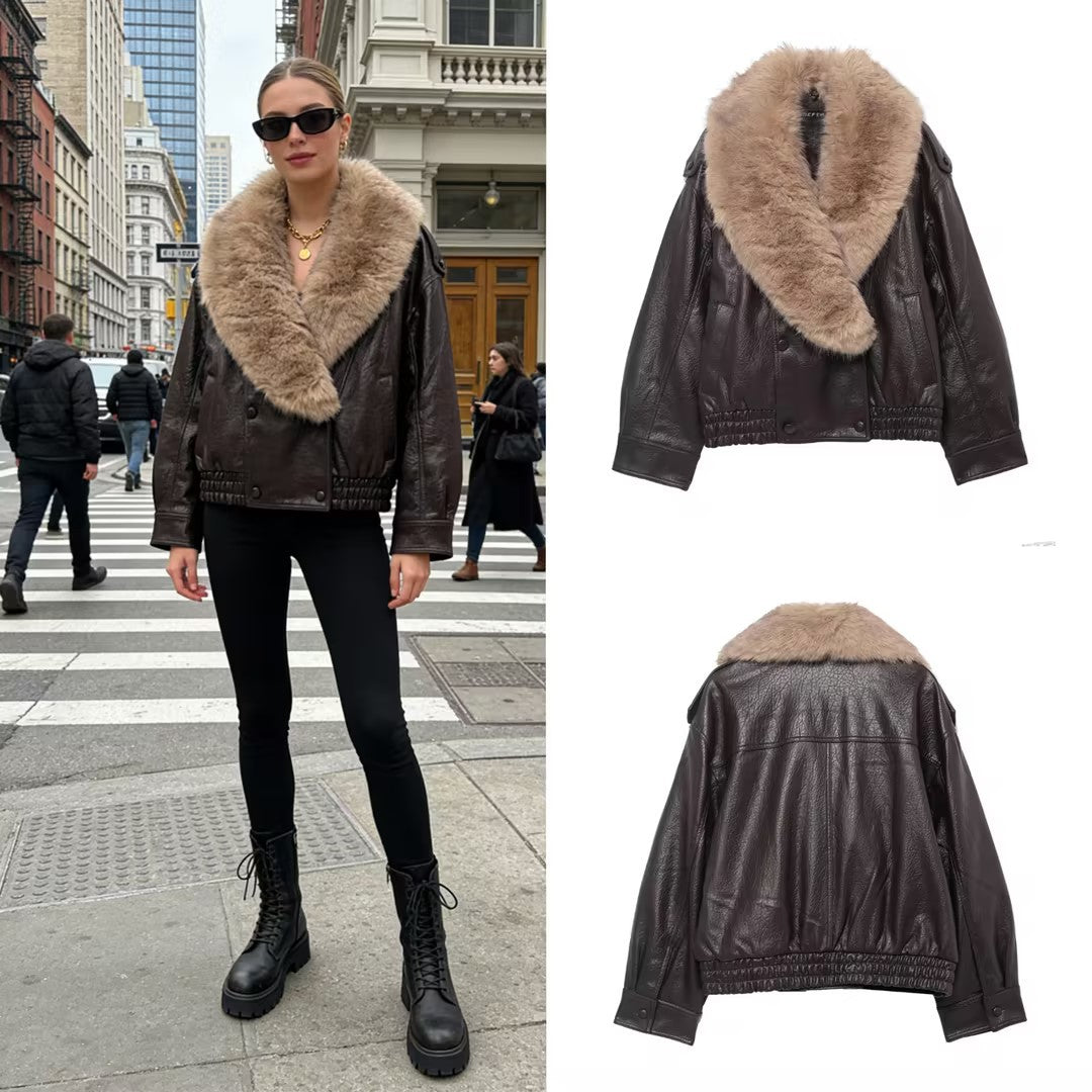 Damen Cropped Lederblouson mit voluminösem Pelzkragen und Taillen-Smock Echo Archiv