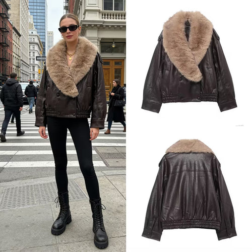 Damen Cropped Lederblouson mit voluminösem Pelzkragen und Taillen-Smock Echo Archiv