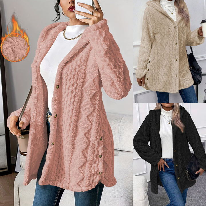 Damen Oversize Strickmantel mit Kapuze, Jacquard‑Struktur und Knopfleiste – Veloura