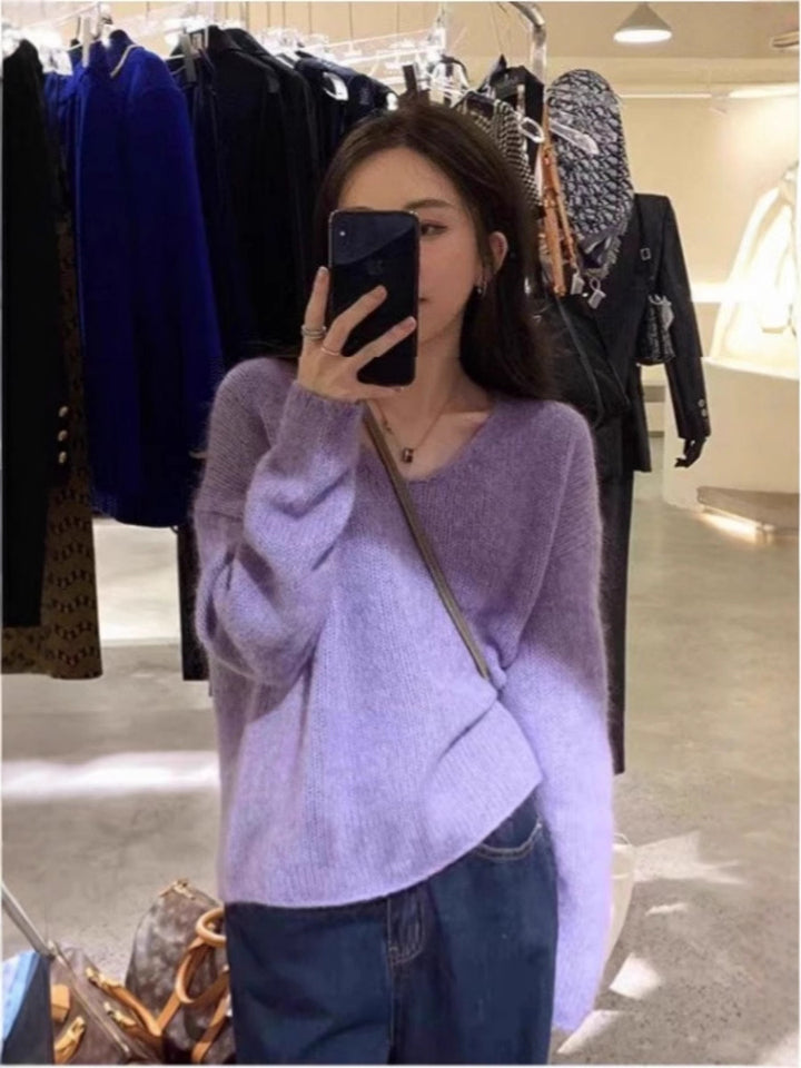 Damen Oversize V‑Ausschnitt Mohair‑Look Pullover mit Angora‑Optik und überschnittener Schulter Echoarchiv