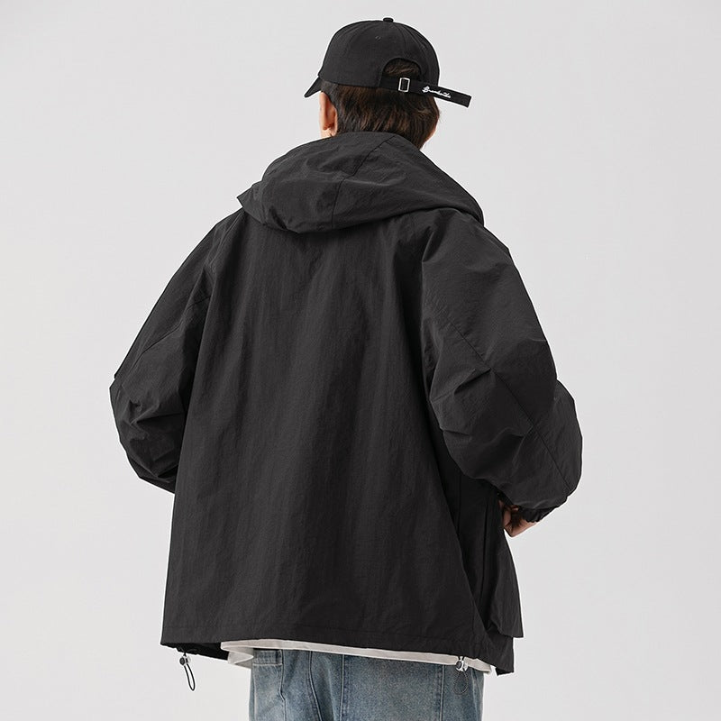 Damen Oversize Utility-Übergangsjacke mit Kapuze, Mehrfach-Taschen & Kordelzug Echoarchiv