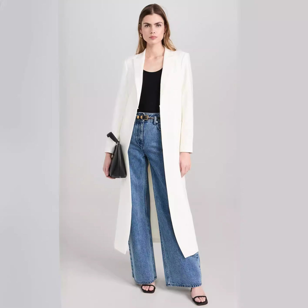 Damen Longline-Mantelblazer mit offenem Frontschlitz und schmaler Silhouette Echoarchiv