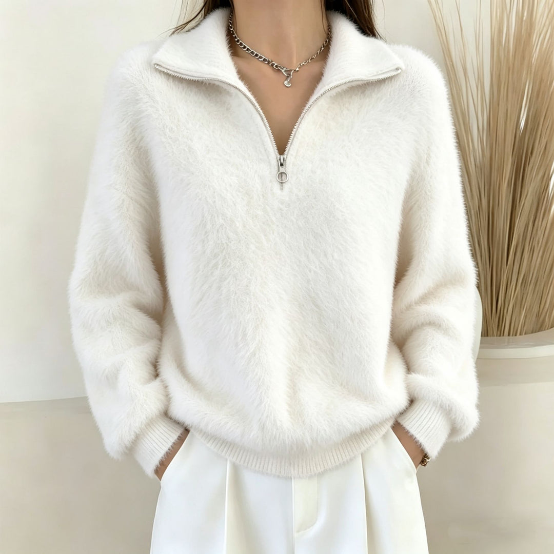 Damen Flauschiger Halbzipp-Pullover mit Stehkragen – Mavelle