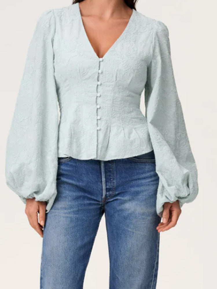 Damen Jacquard-Spitzenbluse mit tailliertem Schößchen und Ballonärmeln Echoarchiv