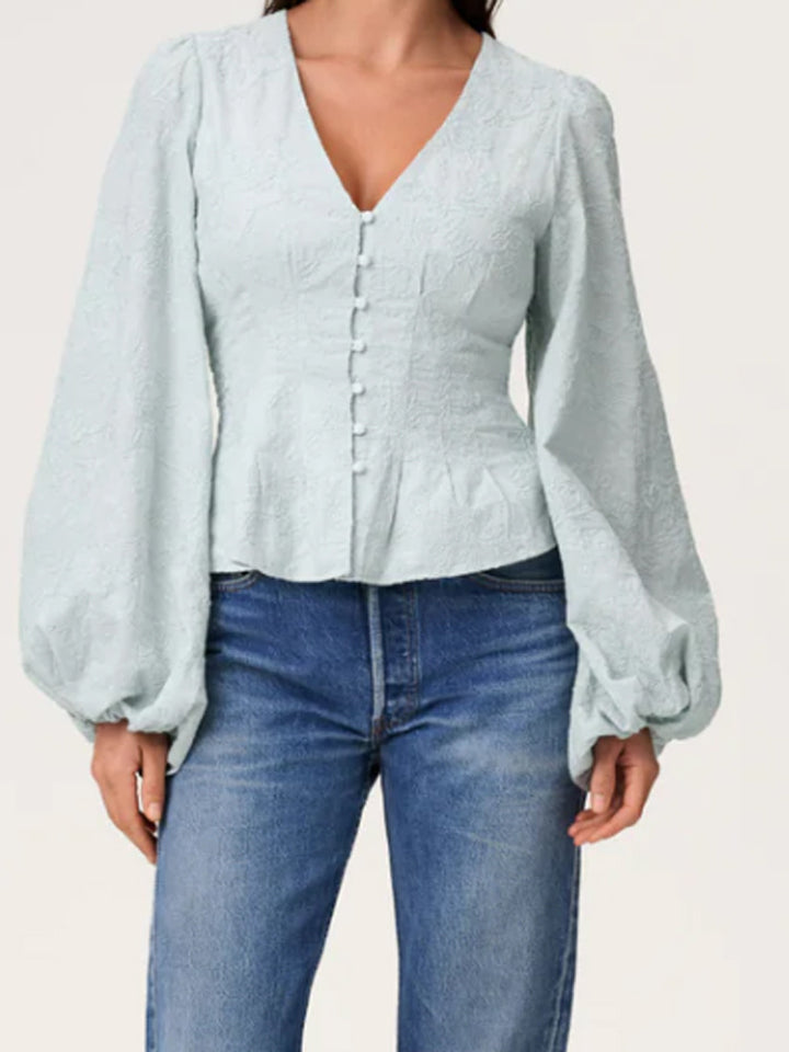 Damen Jacquard-Spitzenbluse mit tailliertem Schößchen und Ballonärmeln Echoarchiv