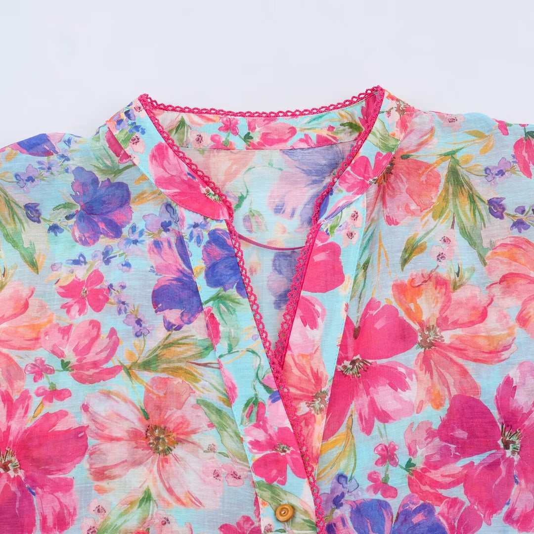 Damen Leichte Blumenbluse mit Stehkragen und dreiviertel Glockenärmeln Echo Archiv