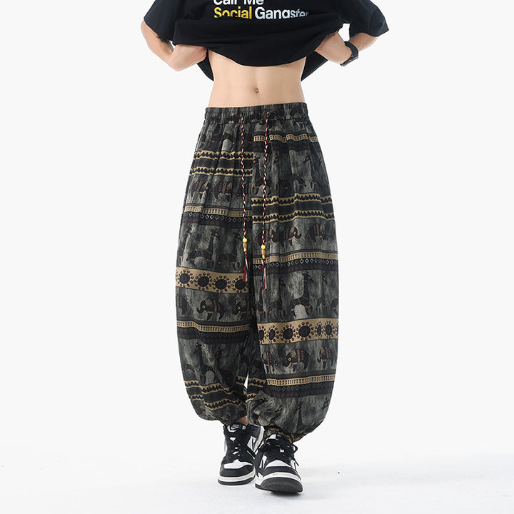 Damen nan lässige Pluderhose im Ethno-Print mit elastischem Bund, Kordelzug und gesmokten Bündchen Echo Archiv